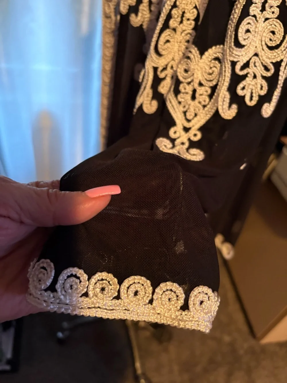 Sheer Black Embroidered open cardigan with White ribbon Lace Detail - Picture 4 of 13